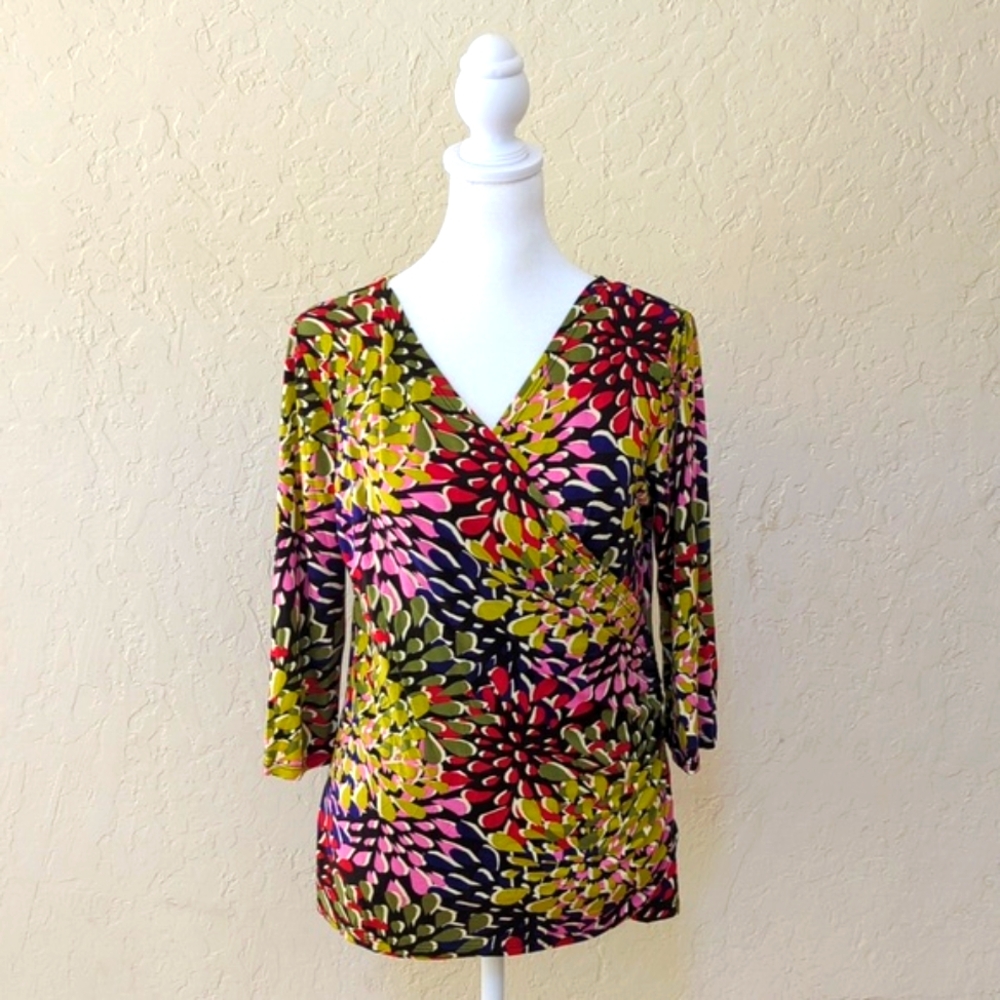 Salaam Abstract Floral Burst 3/4 Sleeve Wrap Surplice Top Size Large